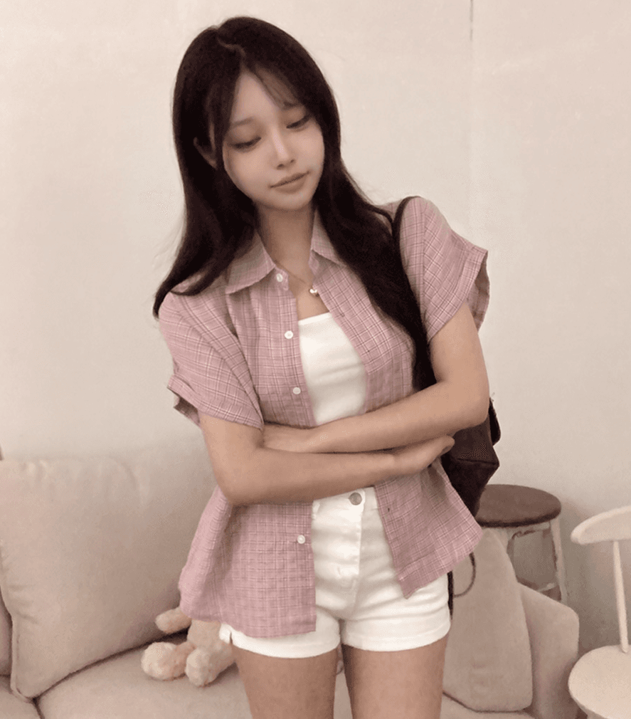 한 부서 여름 클래식 체크무늬 압력 주름 반팔 여성 셔츠 상세 이미지 2
