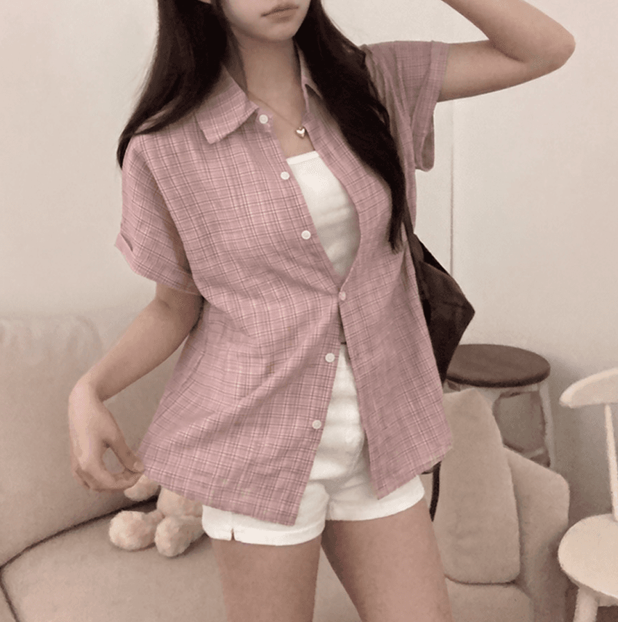 한 부서 여름 클래식 체크무늬 압력 주름 반팔 여성 셔츠 상세 이미지 4