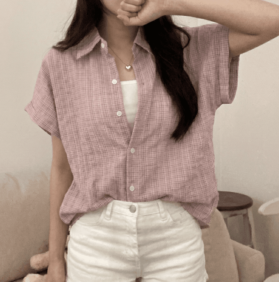 한 부서 여름 클래식 체크무늬 압력 주름 반팔 여성 셔츠 상세 이미지 8