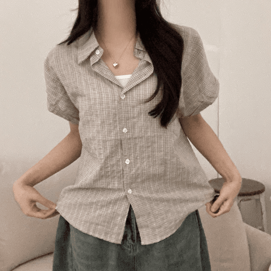 한 부서 여름 클래식 체크무늬 압력 주름 반팔 여성 셔츠 상세 이미지 18