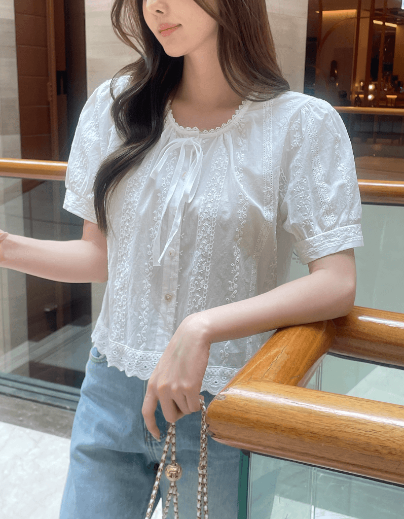 여름 한국 스타일 패션 자수 레이스업 레이스 순면 반팔 여성 셔츠 상세 이미지 1