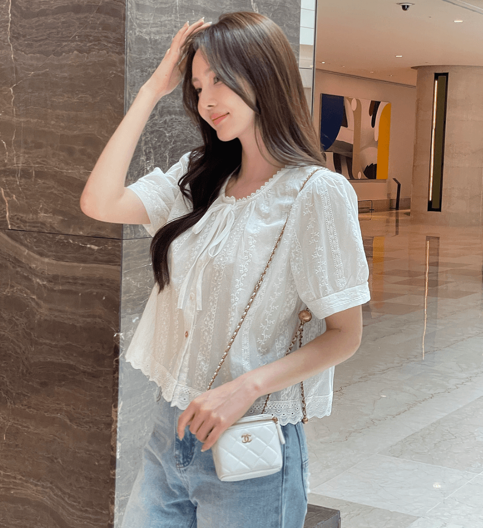 여름 한국 스타일 패션 자수 레이스업 레이스 순면 반팔 여성 셔츠 상세 이미지 3