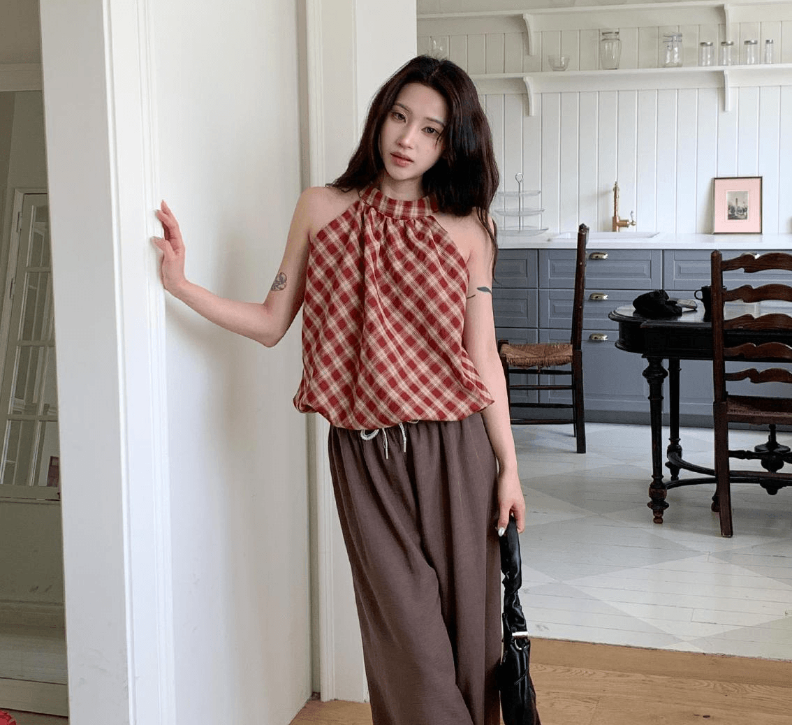 여름 한국 스타일 순수한 욕망 핫걸 캐주얼 휴가 바람 외출용 행침 목 캐미솔 레트로 체크무늬 꽃밭 슬림해 보이는 맨위 상세 이미지 2