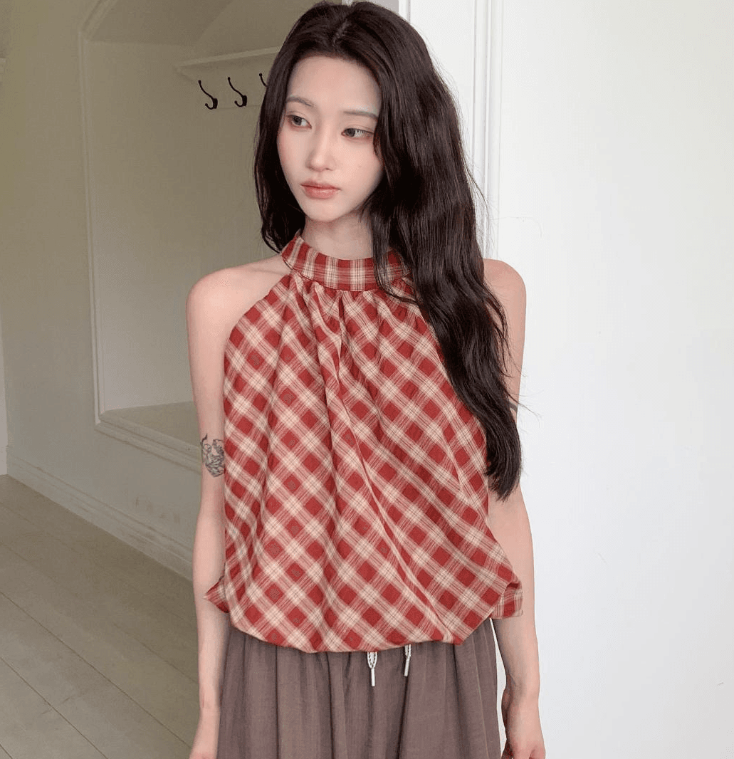 여름 한국 스타일 순수한 욕망 핫걸 캐주얼 휴가 바람 외출용 행침 목 캐미솔 레트로 체크무늬 꽃밭 슬림해 보이는 맨위 상세 이미지 16