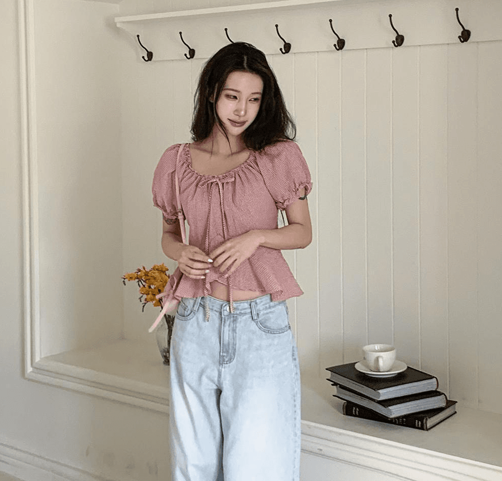 여름 한 바람 디자인 센스 오프숄더 레이스업 거품 소매 체크무늬 프릴 반팔 셔츠 맨위 여성 상세 이미지 8