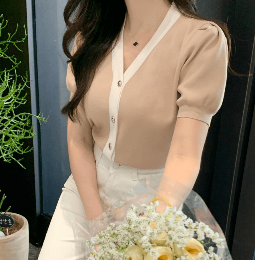 여름 한국 스타일 새로운 V넥 반팔 단추 니트 스웨터 열기 셔츠 상세 이미지 10
