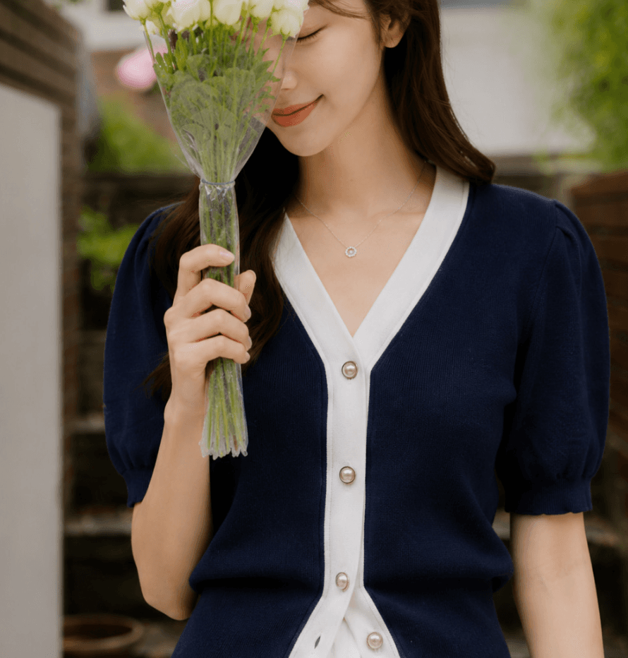 여름 한국 스타일 새로운 V넥 반팔 단추 니트 스웨터 열기 셔츠 상세 이미지 17