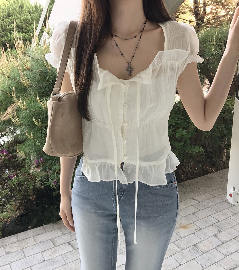 한 부서 여름 프랑스식 달콤함 연령 감소 부드러운 프릴 주름 장식 레이스업 허리 수축 반팔 셔츠 맨위 여성 상세 이미지 5