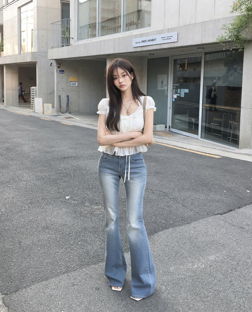 한 부서 여름 프랑스식 달콤함 연령 감소 부드러운 프릴 주름 장식 레이스업 허리 수축 반팔 셔츠 맨위 여성 상세 이미지 6