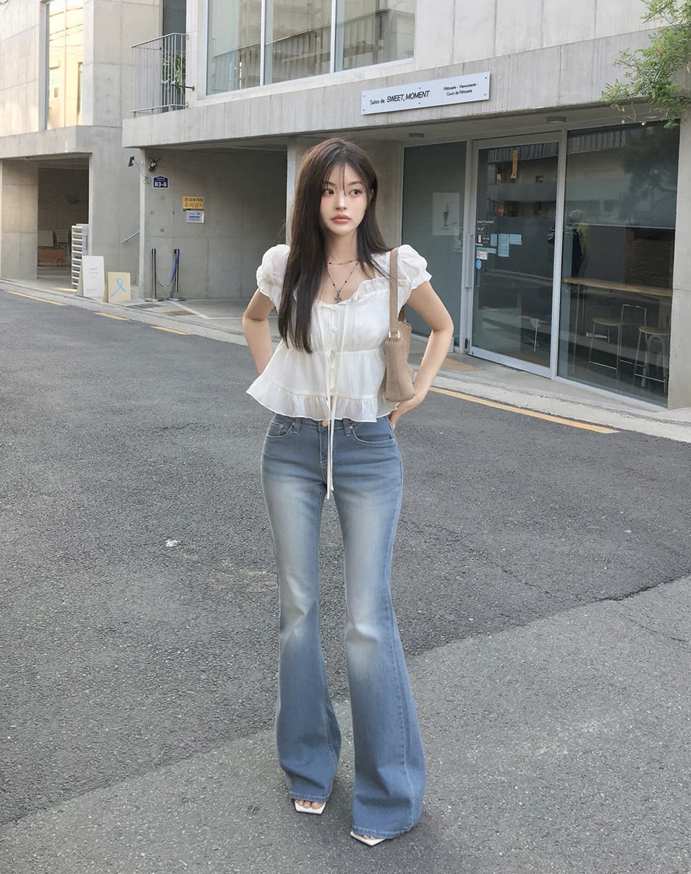 한 부서 여름 프랑스식 달콤함 연령 감소 부드러운 프릴 주름 장식 레이스업 허리 수축 반팔 셔츠 맨위 여성 상세 이미지 7