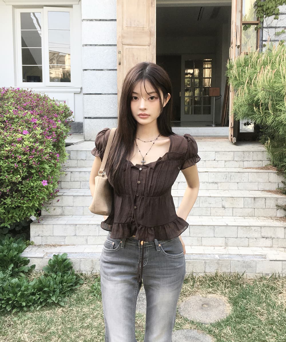 한 부서 여름 프랑스식 달콤함 연령 감소 부드러운 프릴 주름 장식 레이스업 허리 수축 반팔 셔츠 맨위 여성 상세 이미지 11