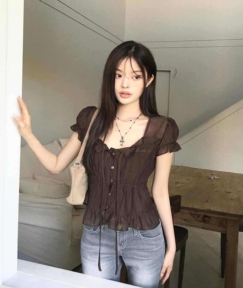 한 부서 여름 프랑스식 달콤함 연령 감소 부드러운 프릴 주름 장식 레이스업 허리 수축 반팔 셔츠 맨위 여성 상세 이미지 15