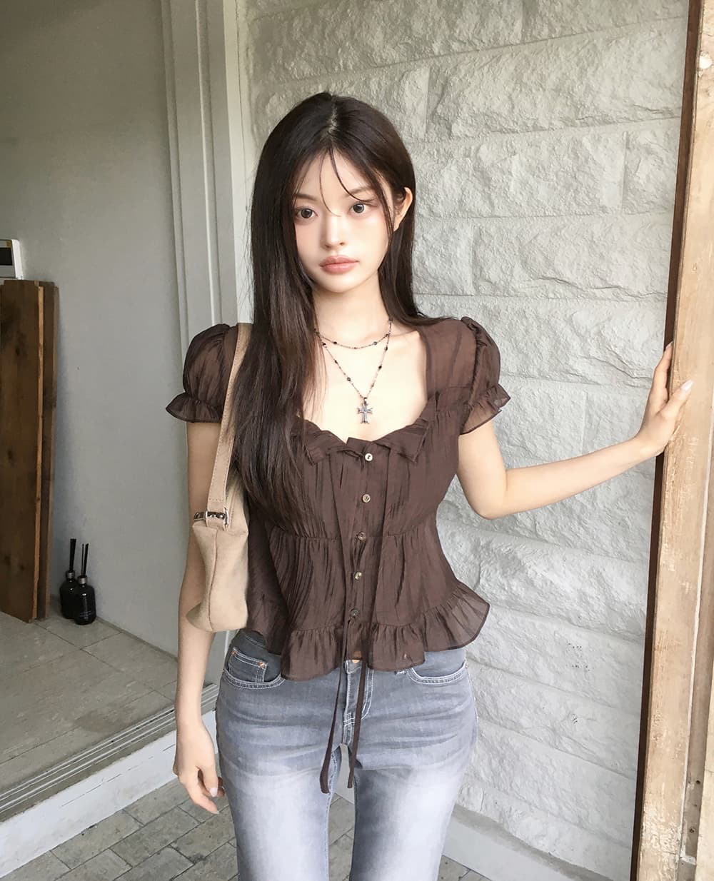한 부서 여름 프랑스식 달콤함 연령 감소 부드러운 프릴 주름 장식 레이스업 허리 수축 반팔 셔츠 맨위 여성 상세 이미지 17