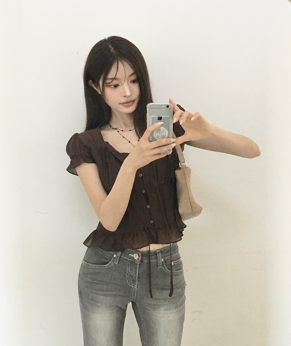 한 부서 여름 프랑스식 달콤함 연령 감소 부드러운 프릴 주름 장식 레이스업 허리 수축 반팔 셔츠 맨위 여성 상세 이미지 20