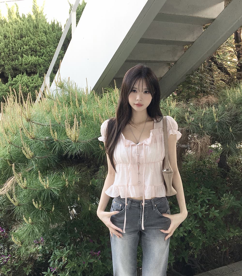 한 부서 여름 프랑스식 달콤함 연령 감소 부드러운 프릴 주름 장식 레이스업 허리 수축 반팔 셔츠 맨위 여성 상세 이미지 23