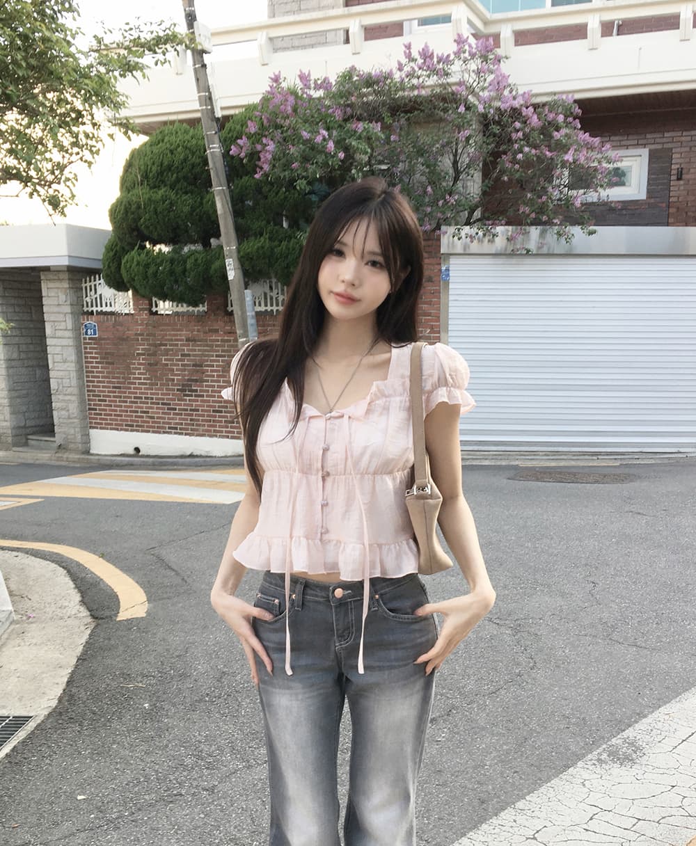 한 부서 여름 프랑스식 달콤함 연령 감소 부드러운 프릴 주름 장식 레이스업 허리 수축 반팔 셔츠 맨위 여성 상세 이미지 25