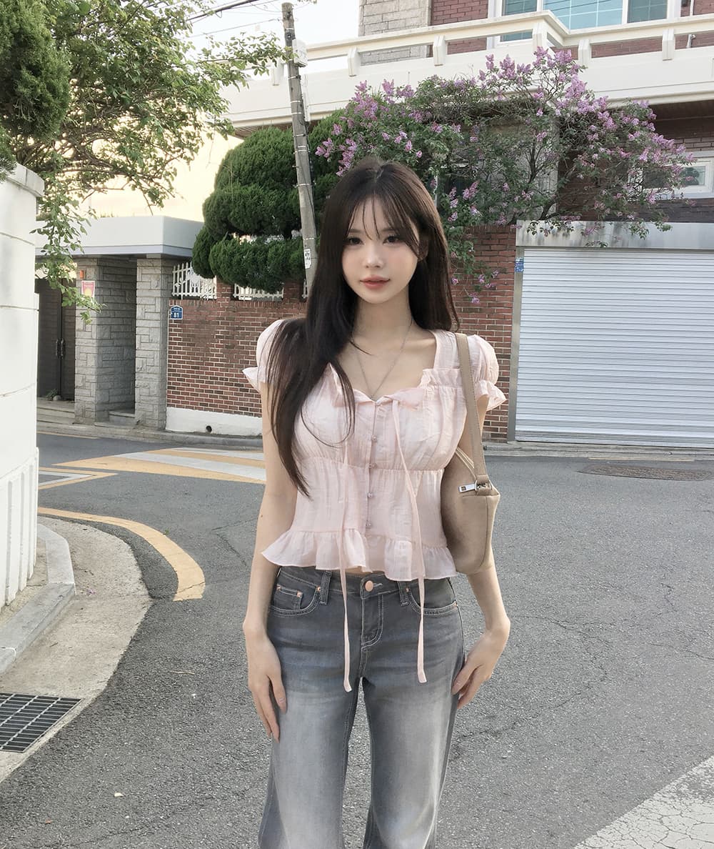 한 부서 여름 프랑스식 달콤함 연령 감소 부드러운 프릴 주름 장식 레이스업 허리 수축 반팔 셔츠 맨위 여성 상세 이미지 26