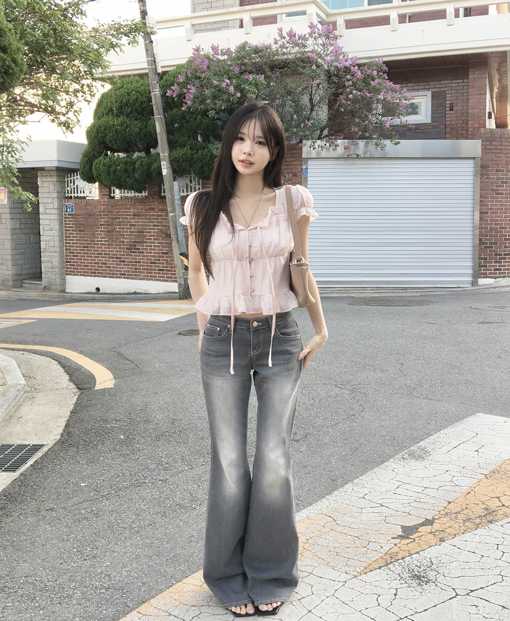 한 부서 여름 프랑스식 달콤함 연령 감소 부드러운 프릴 주름 장식 레이스업 허리 수축 반팔 셔츠 맨위 여성 상세 이미지 27