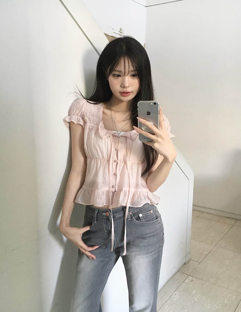 한 부서 여름 프랑스식 달콤함 연령 감소 부드러운 프릴 주름 장식 레이스업 허리 수축 반팔 셔츠 맨위 여성 상세 이미지 29