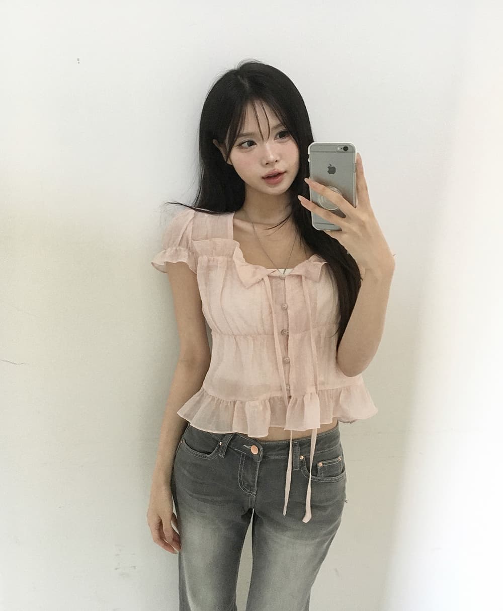 한 부서 여름 프랑스식 달콤함 연령 감소 부드러운 프릴 주름 장식 레이스업 허리 수축 반팔 셔츠 맨위 여성 상세 이미지 30