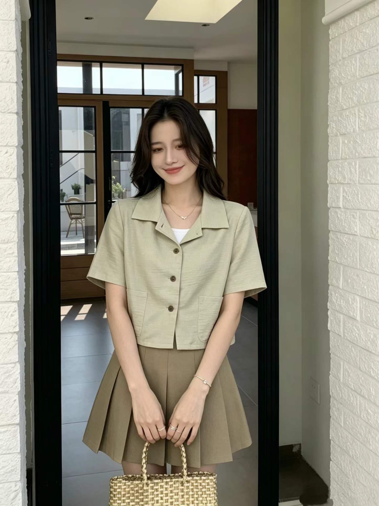 한국 스타일 단색 반팔 작은 양복 여성 아모이 캐주얼 품격 쇼트 스타일 더블 주머니 짧은 여성 코트 상세 이미지 5