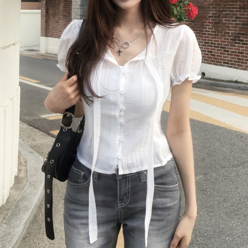 한 부서 여름 프랑스식 부드러운 나비 넥타이 거품 소매 작은 대중 셔츠 맨위 이미지 2