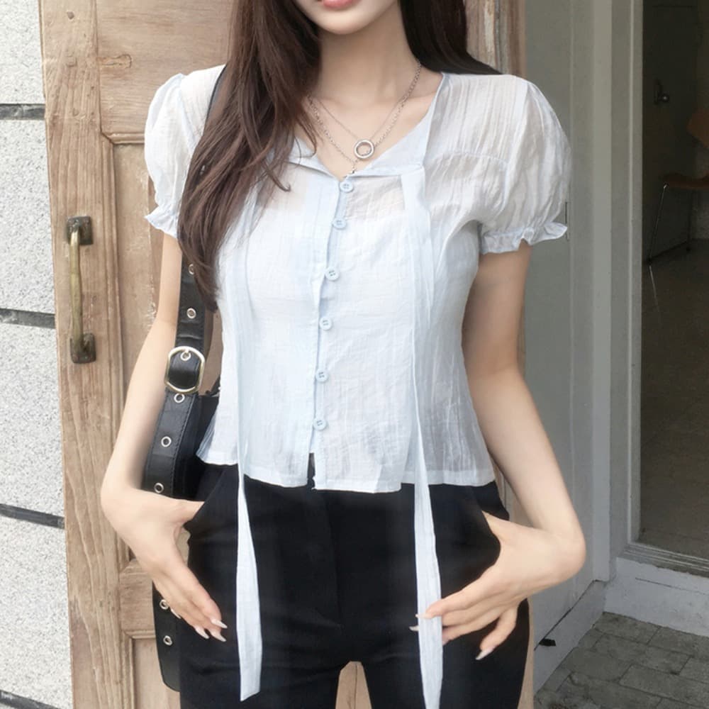 한 부서 여름 프랑스식 부드러운 나비 넥타이 거품 소매 작은 대중 셔츠 맨위 이미지 3
