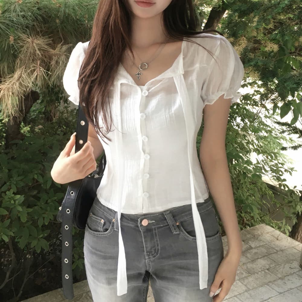 한 부서 여름 프랑스식 부드러운 나비 넥타이 거품 소매 작은 대중 셔츠 맨위 이미지 5