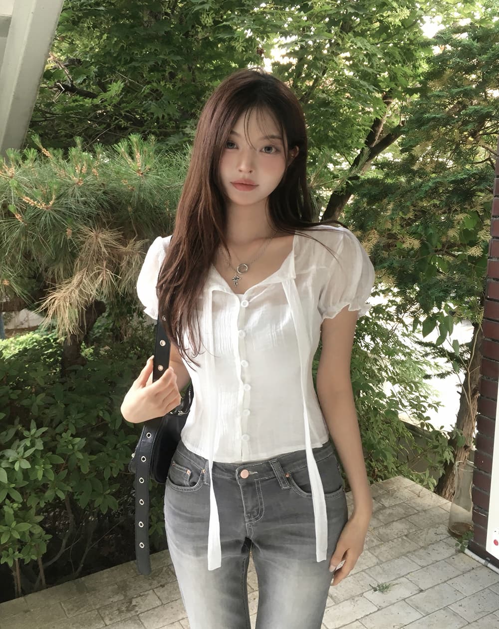한 부서 여름 프랑스식 부드러운 나비 넥타이 거품 소매 작은 대중 셔츠 맨위 상세 이미지 3
