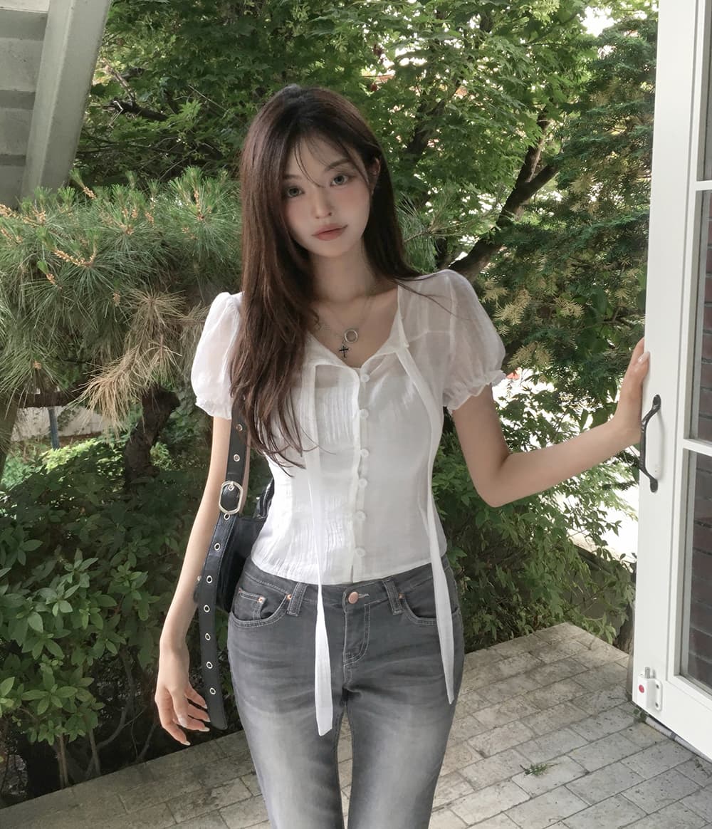 한 부서 여름 프랑스식 부드러운 나비 넥타이 거품 소매 작은 대중 셔츠 맨위 상세 이미지 4