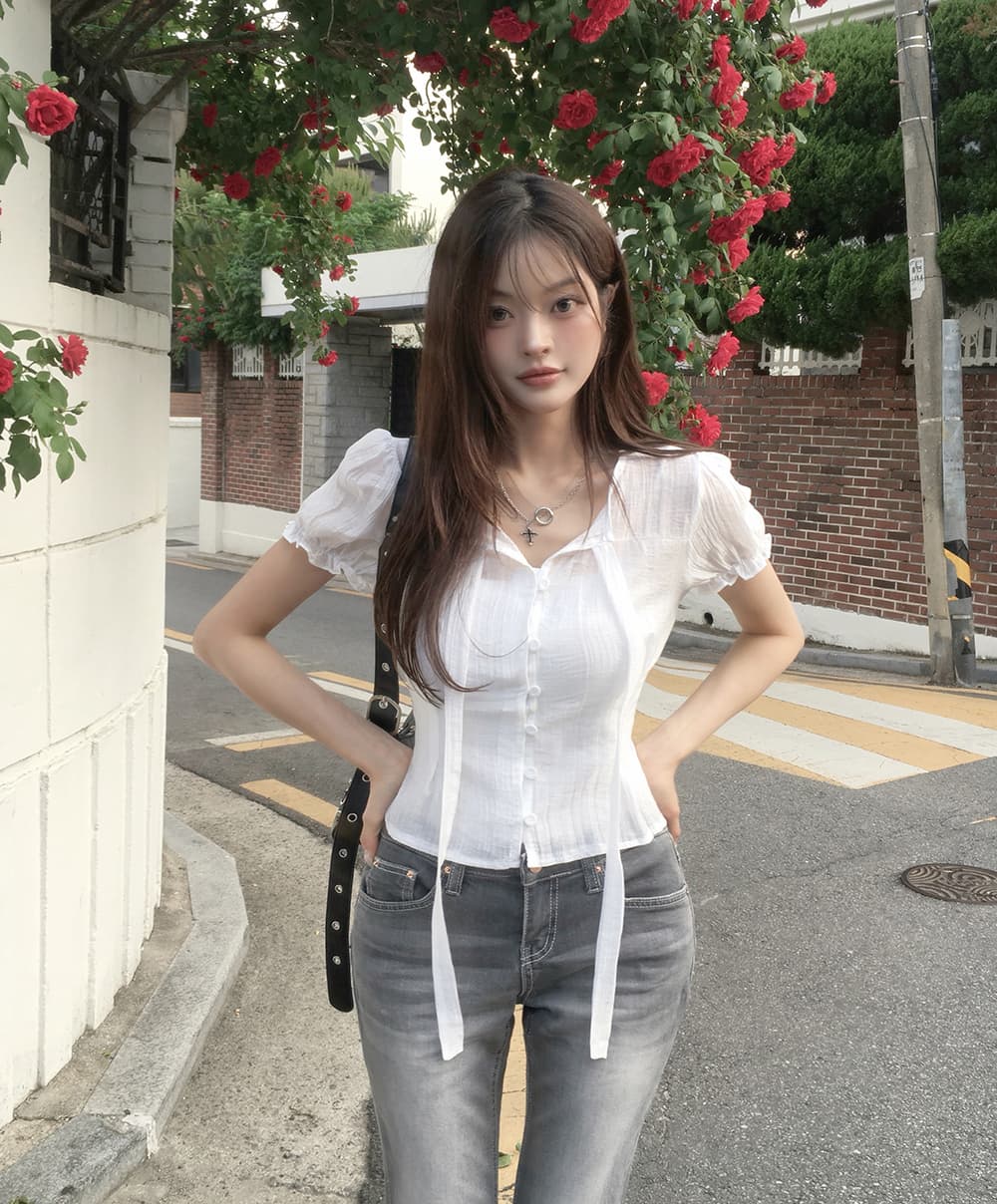 한 부서 여름 프랑스식 부드러운 나비 넥타이 거품 소매 작은 대중 셔츠 맨위 상세 이미지 6