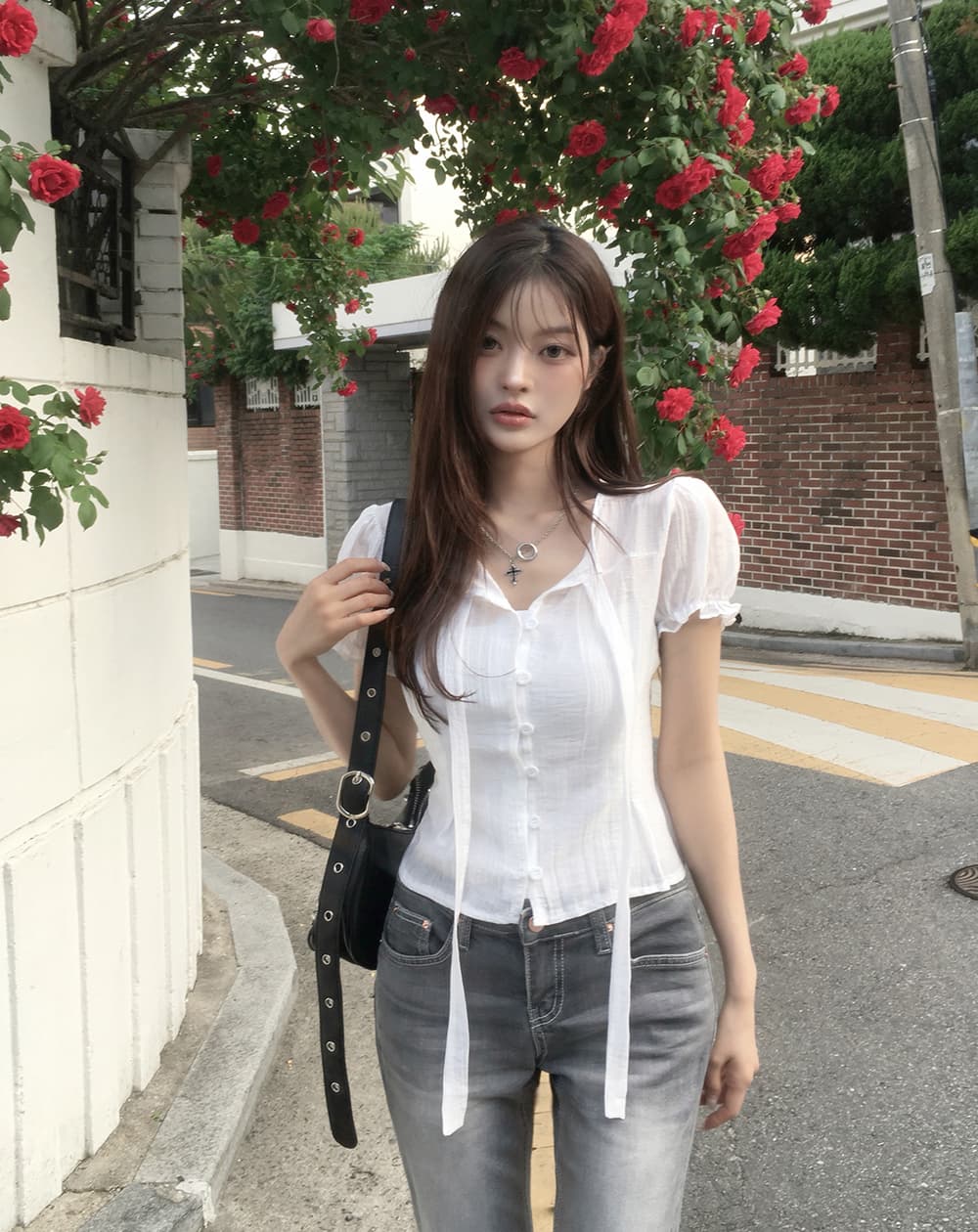 한 부서 여름 프랑스식 부드러운 나비 넥타이 거품 소매 작은 대중 셔츠 맨위 상세 이미지 7