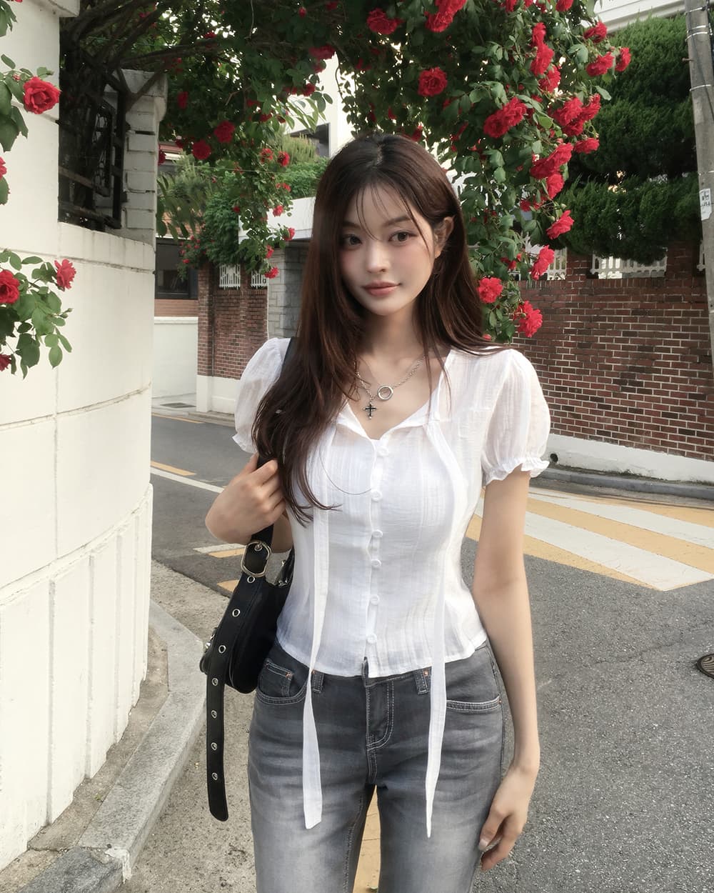 한 부서 여름 프랑스식 부드러운 나비 넥타이 거품 소매 작은 대중 셔츠 맨위 상세 이미지 8