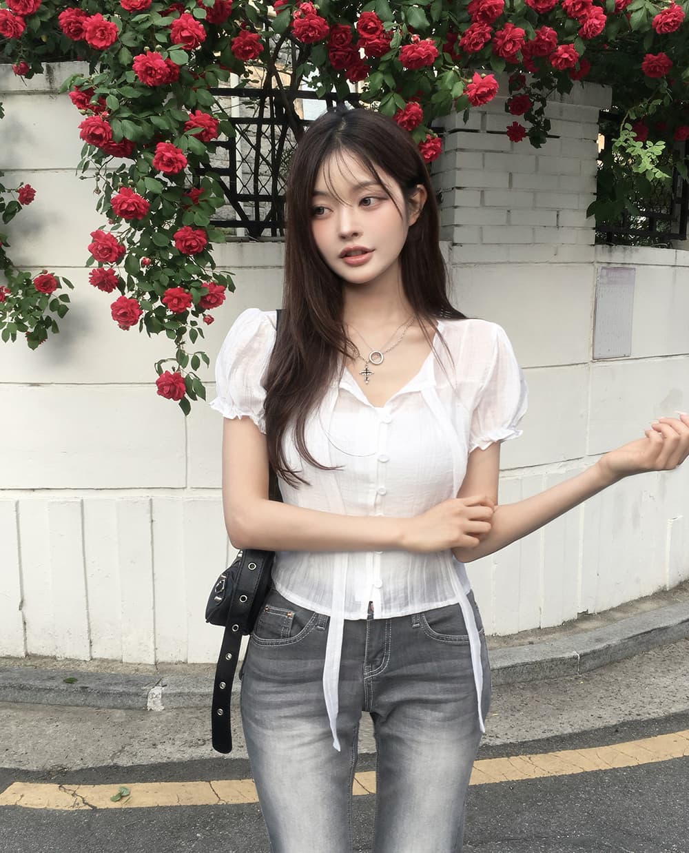 한 부서 여름 프랑스식 부드러운 나비 넥타이 거품 소매 작은 대중 셔츠 맨위 상세 이미지 9