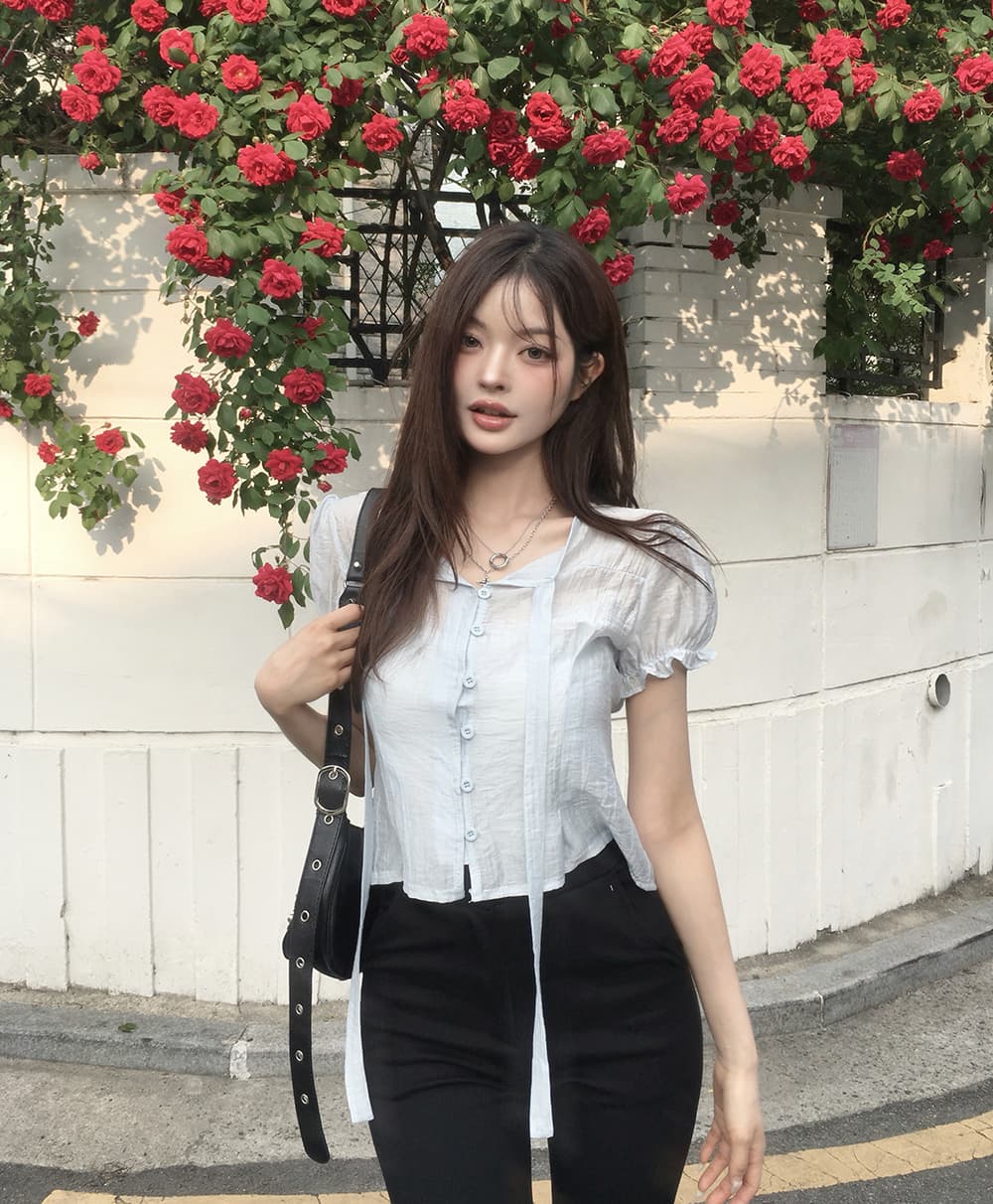 한 부서 여름 프랑스식 부드러운 나비 넥타이 거품 소매 작은 대중 셔츠 맨위 상세 이미지 10