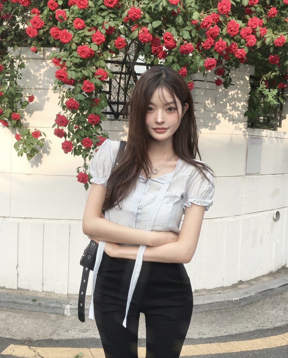 한 부서 여름 프랑스식 부드러운 나비 넥타이 거품 소매 작은 대중 셔츠 맨위 상세 이미지 11