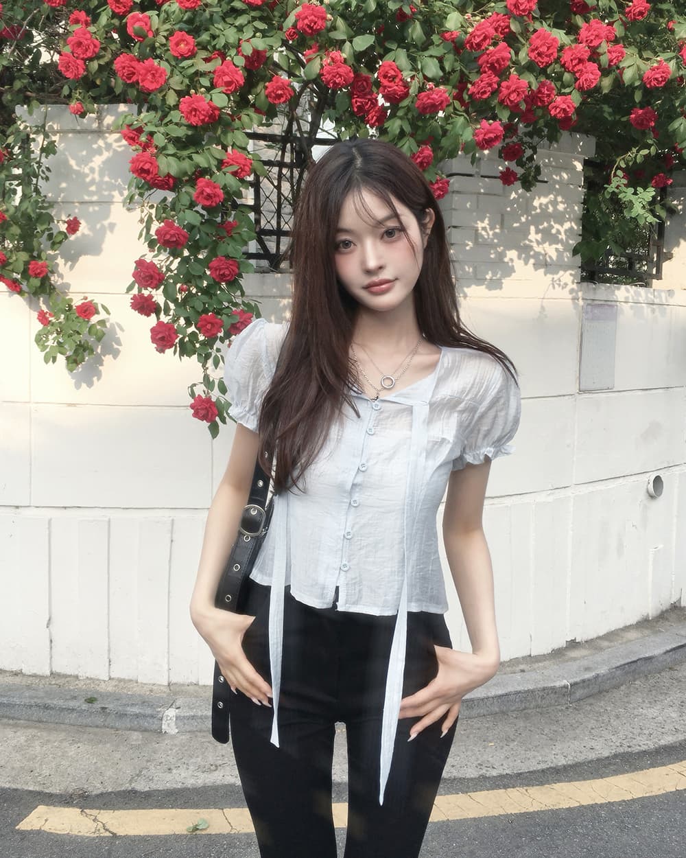 한 부서 여름 프랑스식 부드러운 나비 넥타이 거품 소매 작은 대중 셔츠 맨위 상세 이미지 12