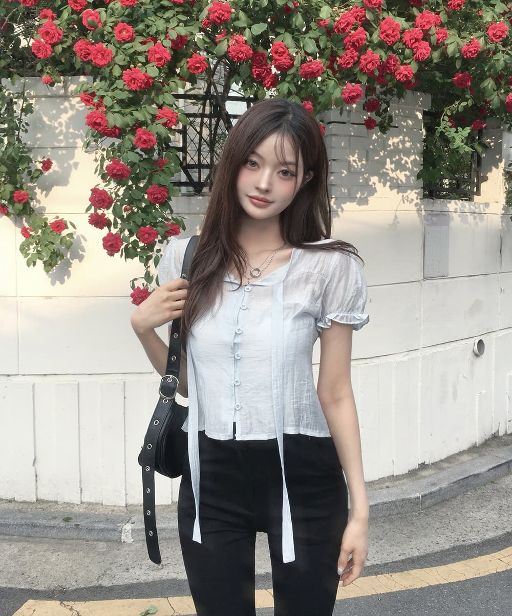 한 부서 여름 프랑스식 부드러운 나비 넥타이 거품 소매 작은 대중 셔츠 맨위 상세 이미지 13