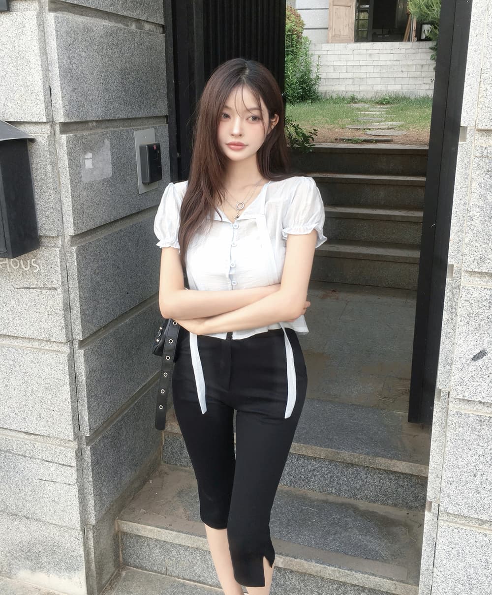 한 부서 여름 프랑스식 부드러운 나비 넥타이 거품 소매 작은 대중 셔츠 맨위 상세 이미지 14