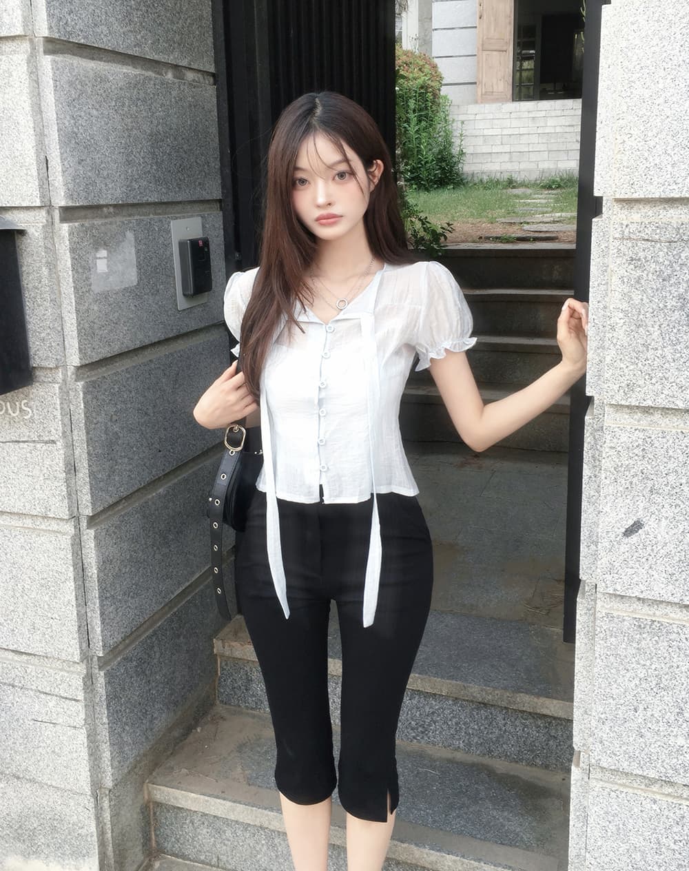 한 부서 여름 프랑스식 부드러운 나비 넥타이 거품 소매 작은 대중 셔츠 맨위 상세 이미지 15