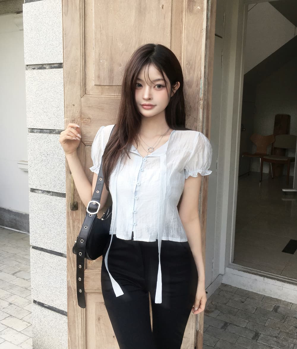 한 부서 여름 프랑스식 부드러운 나비 넥타이 거품 소매 작은 대중 셔츠 맨위 상세 이미지 16