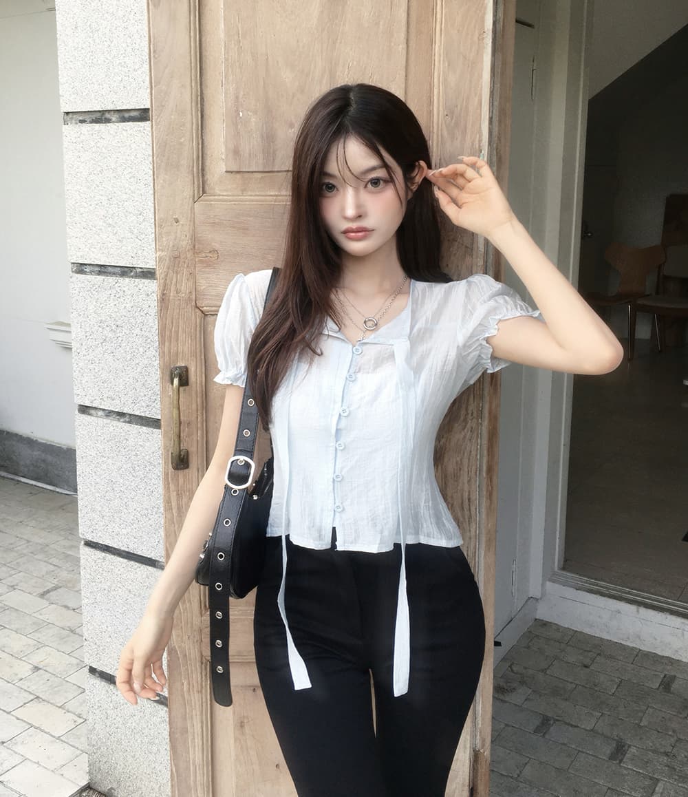 한 부서 여름 프랑스식 부드러운 나비 넥타이 거품 소매 작은 대중 셔츠 맨위 상세 이미지 17