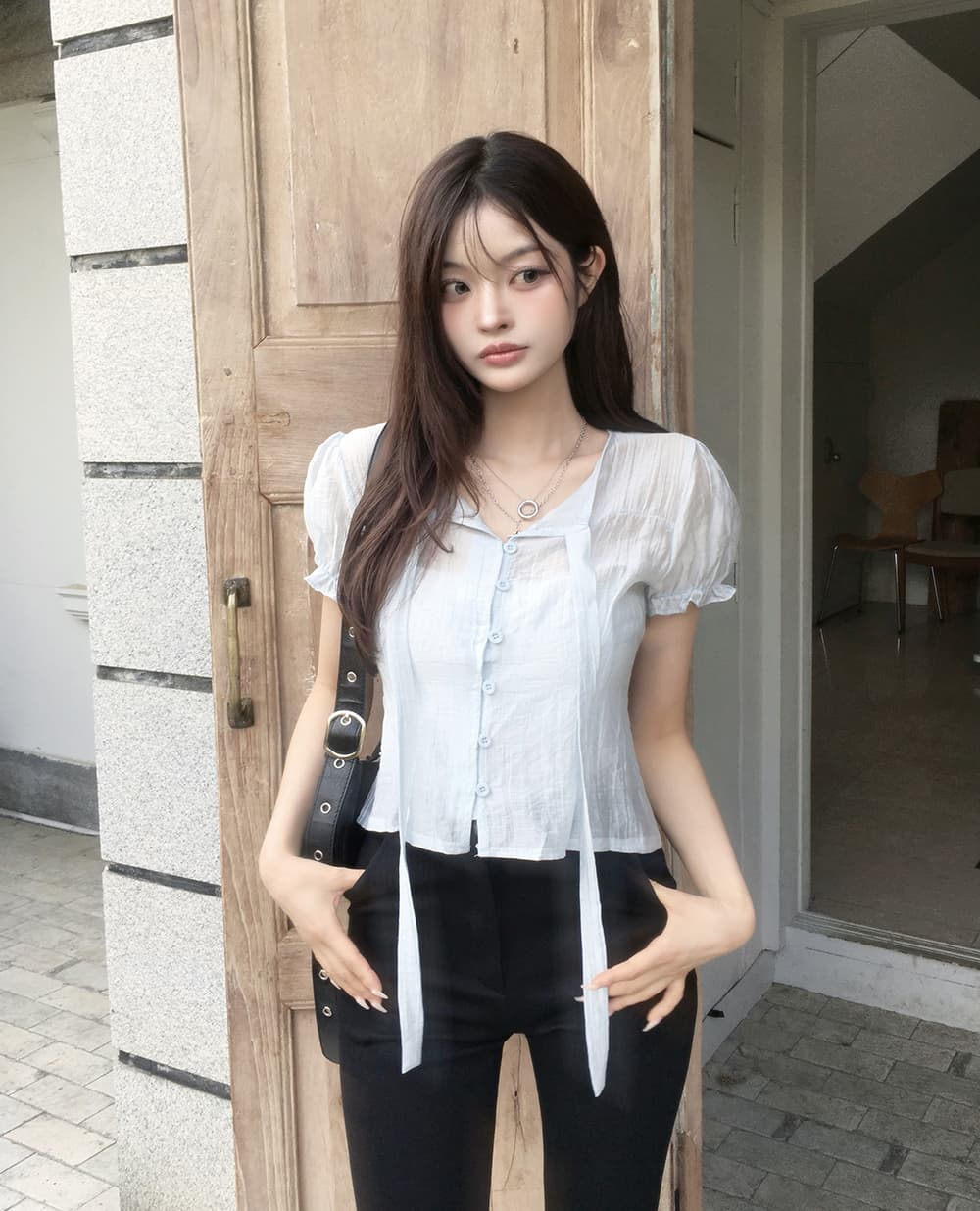 한 부서 여름 프랑스식 부드러운 나비 넥타이 거품 소매 작은 대중 셔츠 맨위 상세 이미지 18