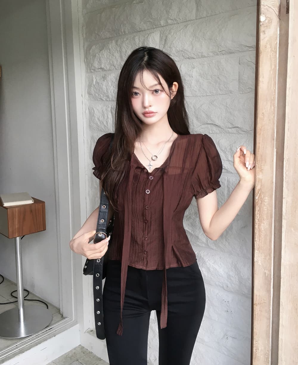 한 부서 여름 프랑스식 부드러운 나비 넥타이 거품 소매 작은 대중 셔츠 맨위 상세 이미지 19