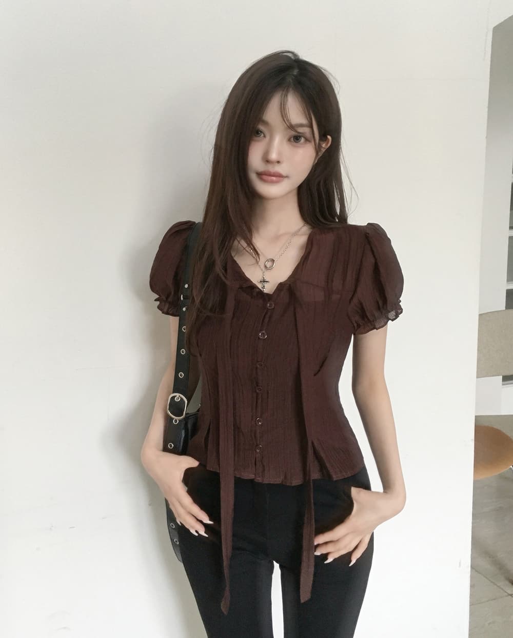 한 부서 여름 프랑스식 부드러운 나비 넥타이 거품 소매 작은 대중 셔츠 맨위 상세 이미지 21