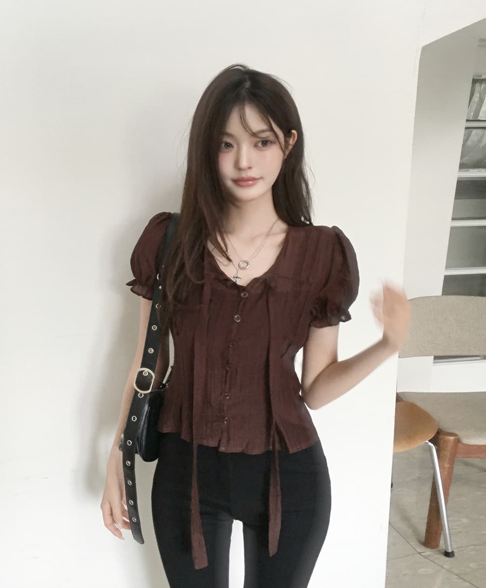 한 부서 여름 프랑스식 부드러운 나비 넥타이 거품 소매 작은 대중 셔츠 맨위 상세 이미지 23