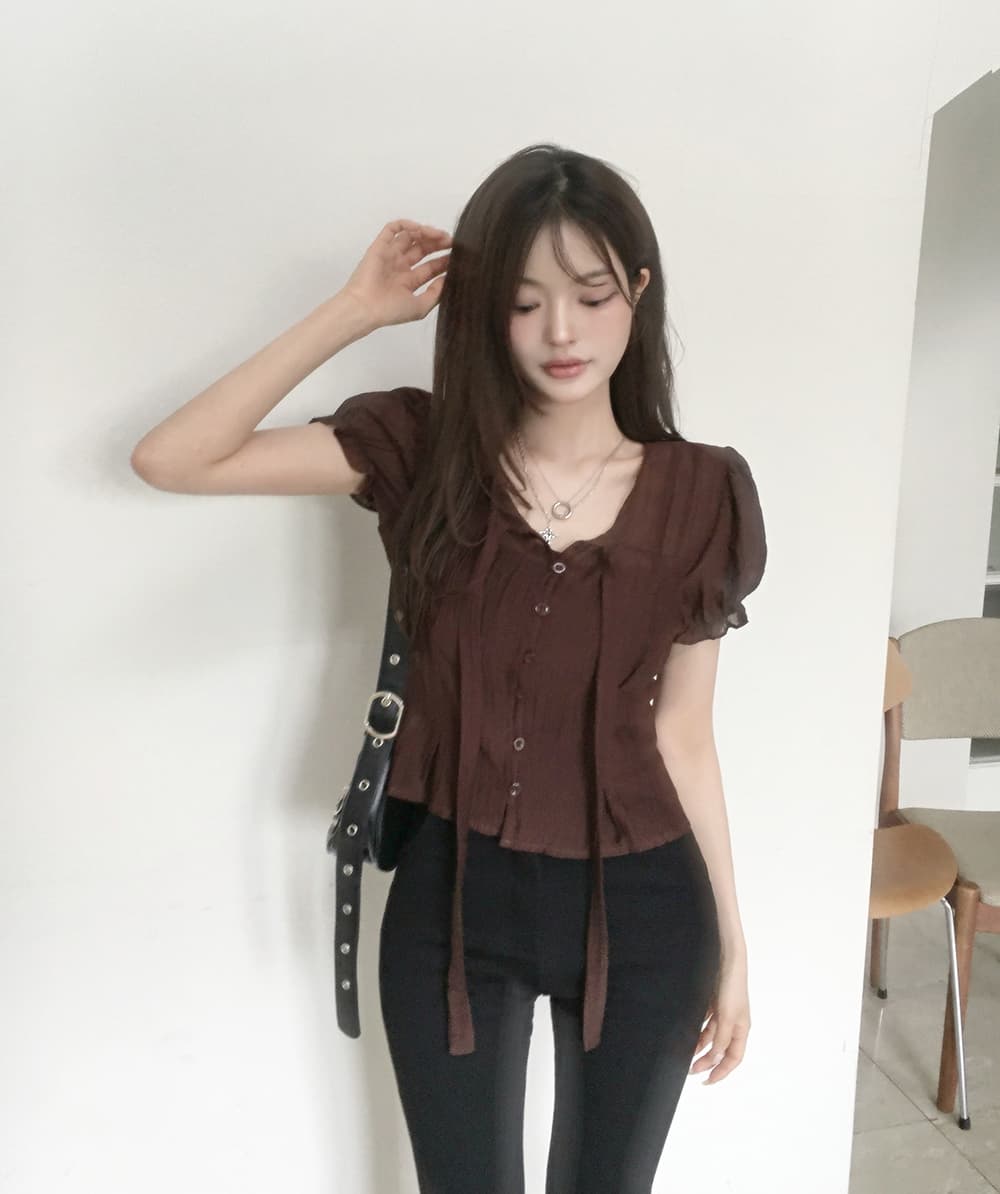 한 부서 여름 프랑스식 부드러운 나비 넥타이 거품 소매 작은 대중 셔츠 맨위 상세 이미지 24