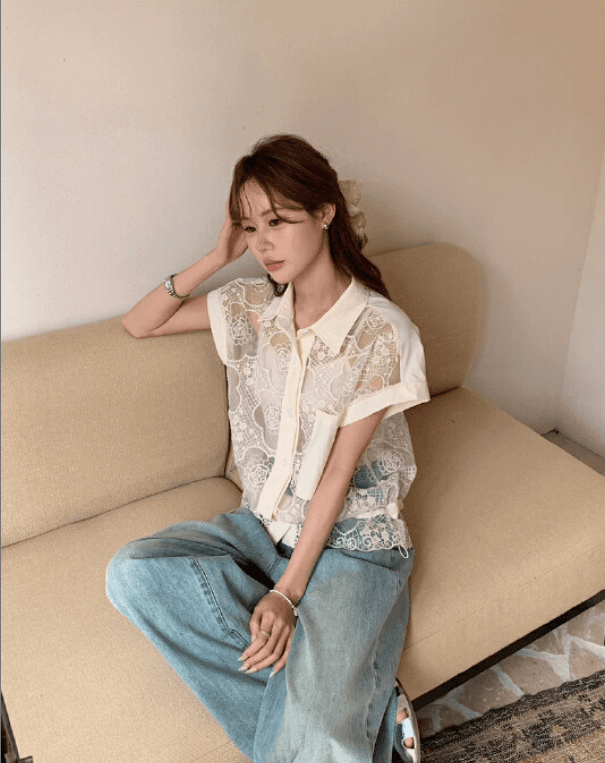 여름 새로운 패션 한국 동대문 홀로우 아웃 투명 허리 수축 품격 가을 어깨 소매 레이스 셔츠 여성 코디 슬립 상세 이미지 10