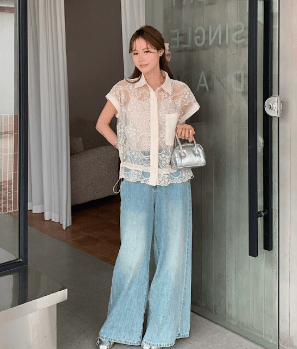 여름 새로운 패션 한국 동대문 홀로우 아웃 투명 허리 수축 품격 가을 어깨 소매 레이스 셔츠 여성 코디 슬립 상세 이미지 12