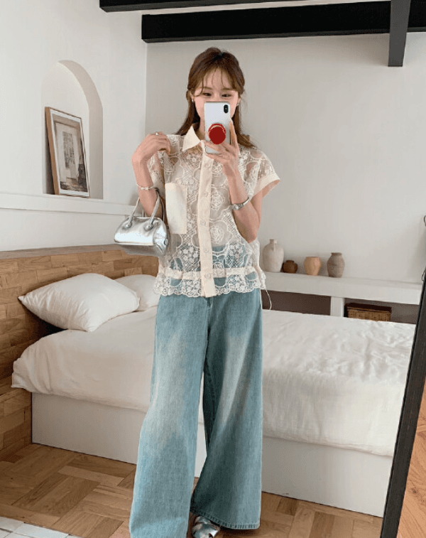 여름 새로운 패션 한국 동대문 홀로우 아웃 투명 허리 수축 품격 가을 어깨 소매 레이스 셔츠 여성 코디 슬립 상세 이미지 13
